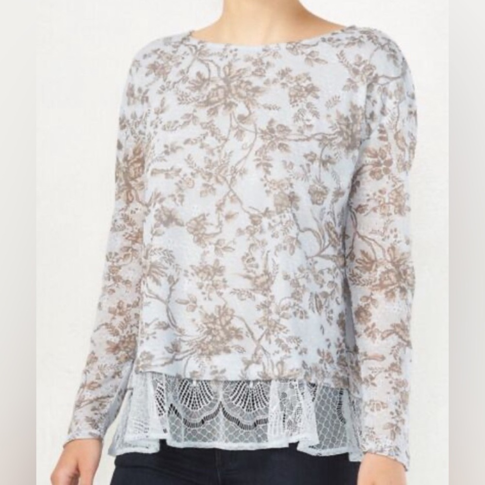 LC Lauren Conrad: Gray and Blue Knit Sweater with White Lace Trim